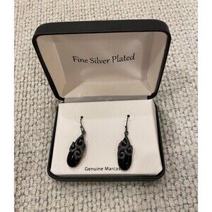 Silver Plated Black Onyx Genuine Marcasite Earrings NWT